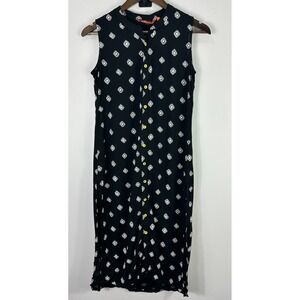 Fusion Button Down Dress Womens Small Black White Boho Geometric Sleeveless Midi